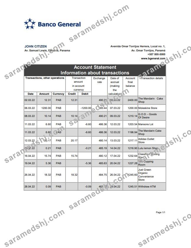 Panama Banco General bank statement xls